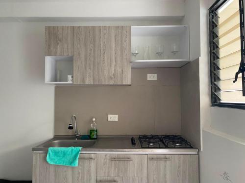 a kitchen with a sink and a stove at Textileria in Pereira