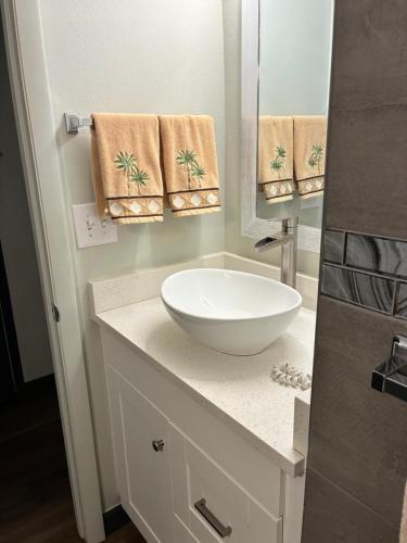 a bathroom with a white bowl sink on a counter at Oceanside Inn in Daytona Beach