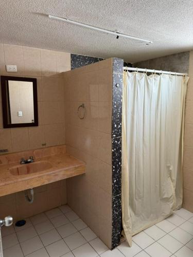a bathroom with a sink and a shower curtain at Hotel Virrey in Reynosa