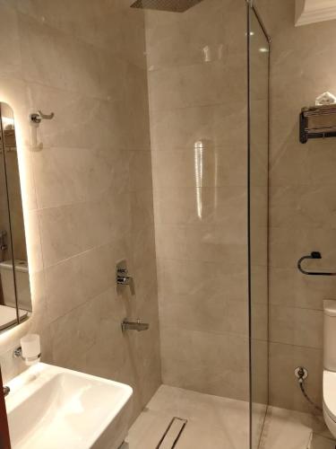 a bathroom with a shower with a sink and a toilet at Royal Town Hotel in Cairo