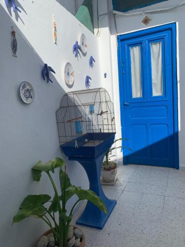 a blue bird cage in front of a blue door at Nadia Babay in Dar Salah Bey