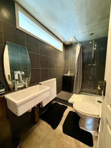 a bathroom with a sink and a toilet at Half Moon House in Hay-on-Wye
