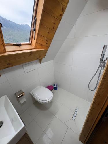 a white bathroom with a toilet and a window at Nini Guesthouse Theth in Theth