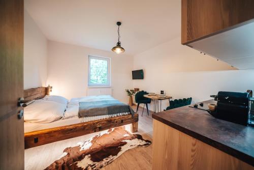 a bedroom with a bed and a desk and a table at Apartmán NIC VÍC in Loučná nad Desnou
