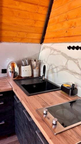 a kitchen with a sink and a counter top at AFRAME Solotvino in Solotvyno