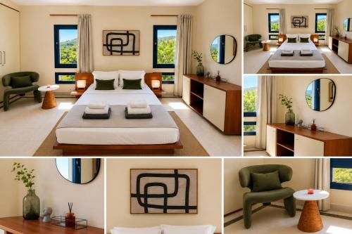 a collage of four pictures of a bedroom at Themis Luxury Private Villa Rhodes with Private Pool in Ialysos