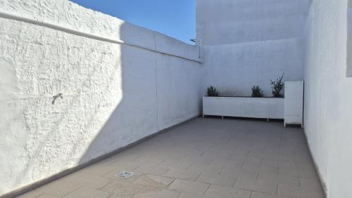 a patio with a white wall with two plants at Colores Rio Cuarto in Río Cuarto