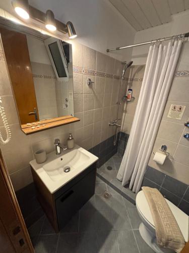 a bathroom with a sink and a toilet and a shower at ILIOVASILEMA - Ηλιοβασίλεμα in Pefki