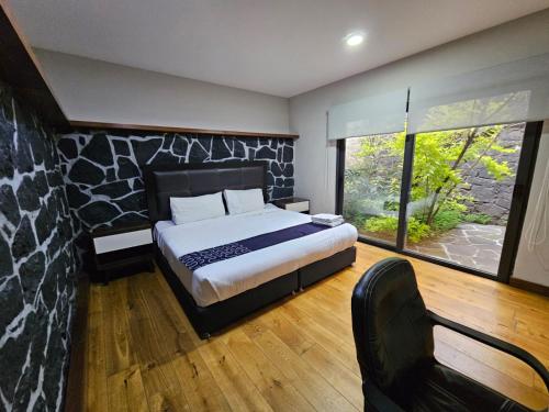 a bedroom with a bed and a large window at Singular Sócrates in Mexico City
