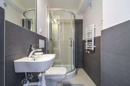 a bathroom with a sink and a glass shower at Pokoje nad Dunajcem in Biały Dunajec