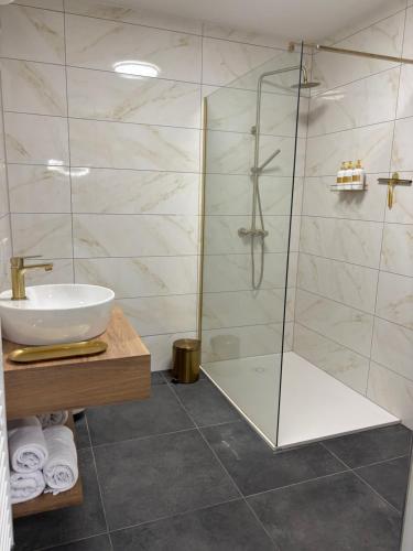 a bathroom with a glass shower and a sink at Prenočišče Henrik in Dolenjske Toplice