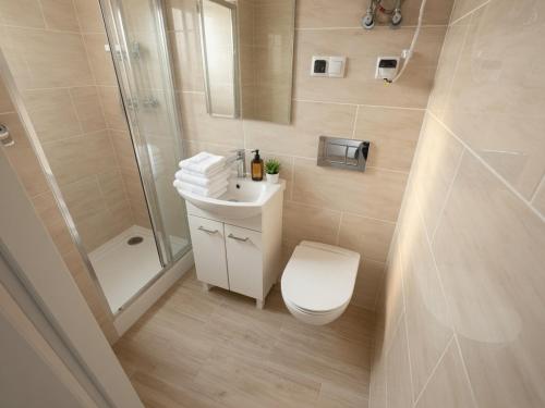 a bathroom with a toilet and a shower and a sink at Kamienica Partyzantów in Pasłęk