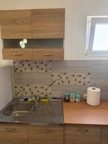 a kitchen with a sink and a counter top at Apartman M&S in Golubovci