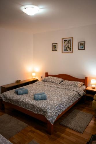 ein Schlafzimmer mit einem Bett, auf dem zwei blaue Kissen liegen in der Unterkunft Vila RID in Perućac