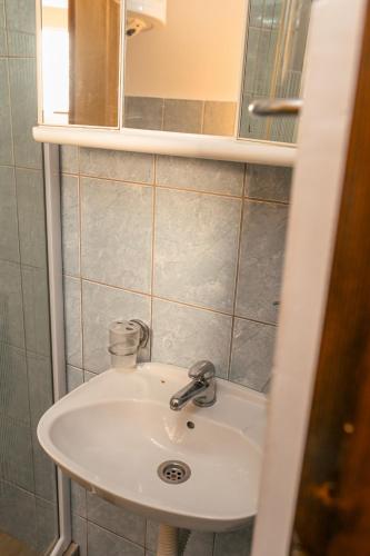 ein Badezimmer mit einem weißen Waschbecken und einem Spiegel in der Unterkunft Vila RID in Perućac