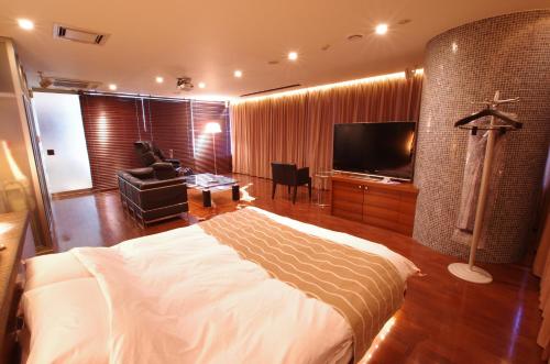 a bedroom with a bed and a flat screen tv at Blue Hotel Octa (Adult Only) in Sapporo