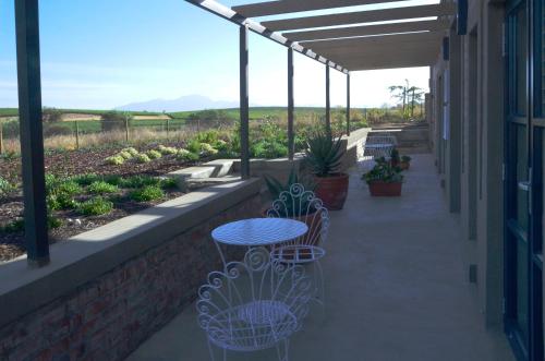 a patio with a table and chairs and plants at Vineyard Views Country House in Riebeek-Kasteel