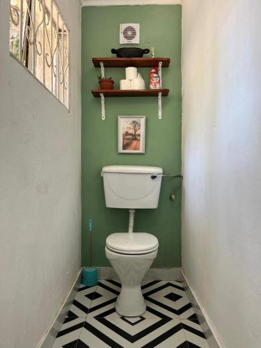 a bathroom with a white toilet in a green wall at Ntinti Stays Cottage in Ndola