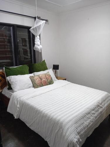 a bedroom with a bed with white sheets and green pillows at Ntinti Stays Cottage in Ndola