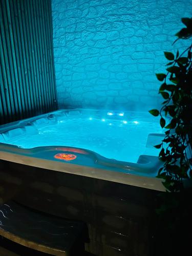 a jacuzzi tub in a room with a blue water at La Longère du Menuisier : Spa-Châteaux-Beauval in Romorantin