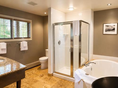 a bathroom with a shower and a tub and a toilet at Emerald Lake Lodge in Field