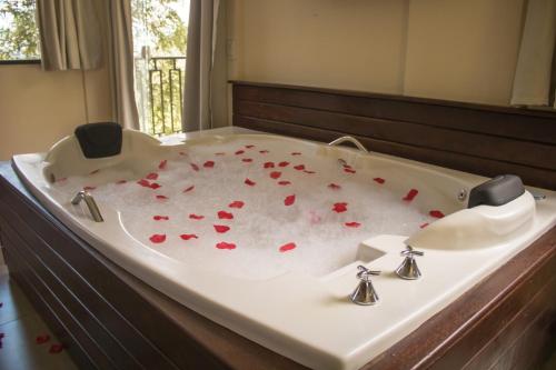 a bath tub with red petals on the floor at Vale Das Araras Nas Videiras in Araras Petropolis