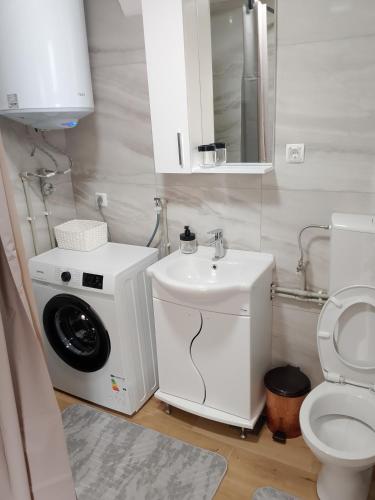 a white bathroom with a sink and a washing machine at House Vasilije in Žabljak