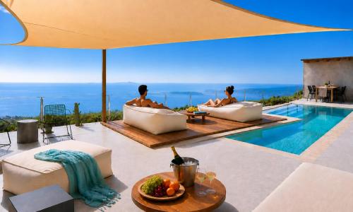 two men sitting in tubs next to a swimming pool at Santorini Heights in Pyrgos