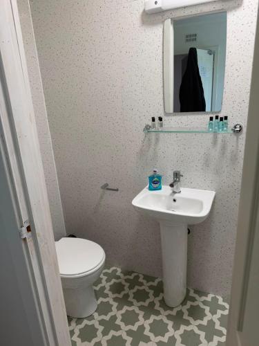 a bathroom with a sink and a toilet and a mirror at Ashfield in Breakish