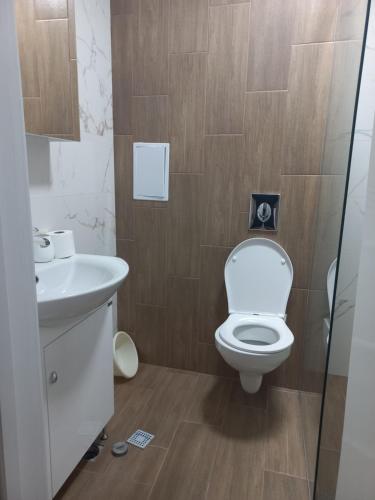 a bathroom with a toilet and a sink at Рока Резиденс in Ravda