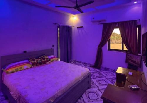 ein lila Schlafzimmer mit einem Bett und einem Fenster in der Unterkunft Hôtel 550 in Cotonou Cadjehoun