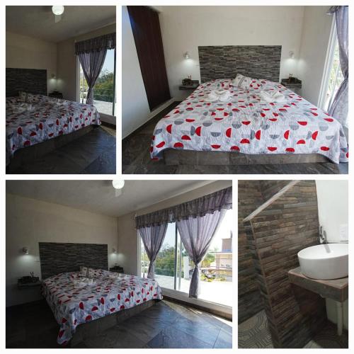 four pictures of a bedroom with a bed and a tub at Casa Tepehucan in Malinalco