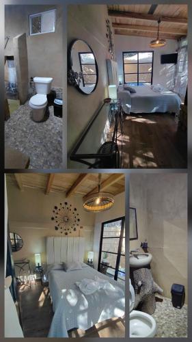 a collage of four pictures of a bedroom at Casa Tepehucan in Malinalco