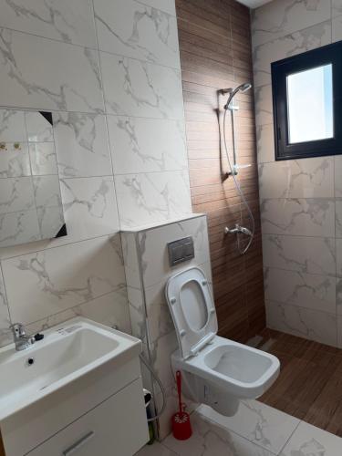 a bathroom with a sink and a toilet and a mirror at Villa VIP in Midoun