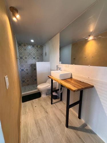 a bathroom with a sink and a toilet in it at Solarte Hostel in Vergara