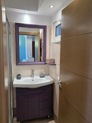a bathroom with a sink and a mirror and a door at Luna del Mare in Ligia