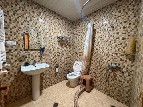 a bathroom with a shower and a toilet and a sink at AVAGYAN'S Hotel-restaurant in Goris
