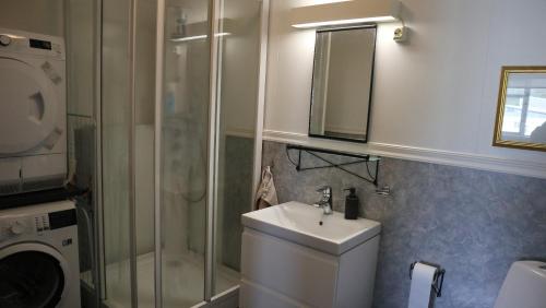 a bathroom with a toilet and a sink and a shower at Guesthouse Maddy in Húsavík
