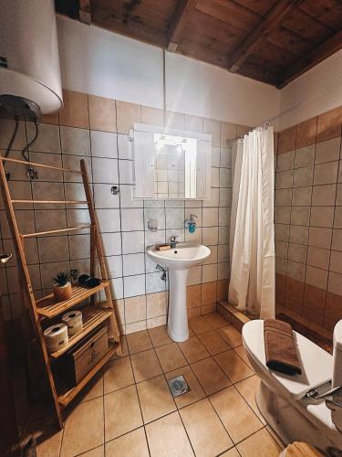 a bathroom with a sink and a shower at The Stone Alley in Konitsa