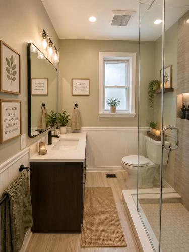 a bathroom with a shower and a sink and a toilet at Glaive Home in Toronto