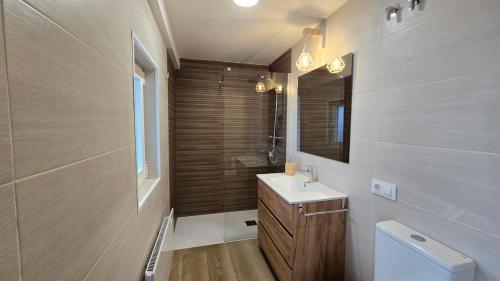 a bathroom with a sink and a mirror and a toilet at Mirada Sacra in Parada del Sil