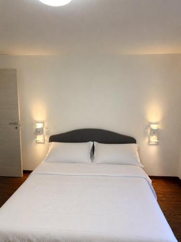 a large white bed in a room with two lights at Ca' Santa Maria in Santa Maria Maggiore