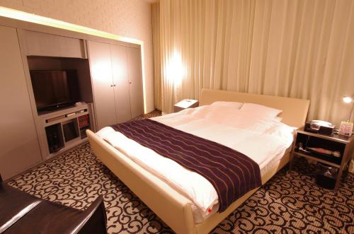 a hotel room with a bed and a flat screen tv at Blue Hotel Octa (Adult Only) in Sapporo
