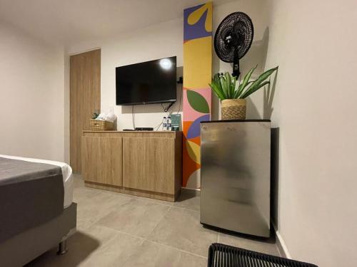 a bedroom with a television and a plant on a cabinet at Hotel Medallo City in Medellín