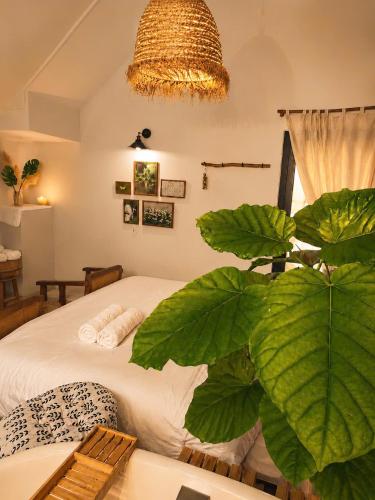 a bedroom with a bed with a large plant at LàMin Homestay in Ấp Long Ðại