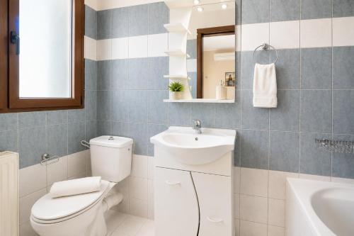 a bathroom with a toilet and a sink and a mirror at Villa Elpida in Gaios