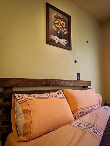 a bedroom with a bed with pillows and a picture on the wall at SiempreViva Hospedaje By GEstores in Chignahuapan