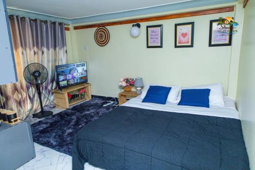 a bedroom with a bed and a flat screen tv at Shan cozy haven in Jinja