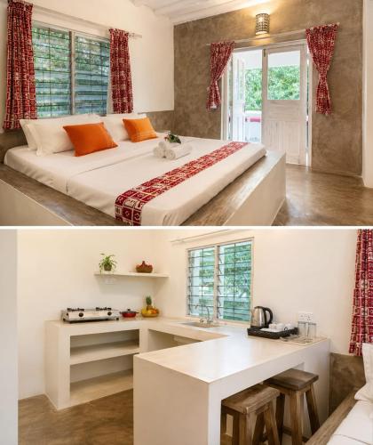 two pictures of a bedroom with a bed and a sink at Hide Away Villa in Watamu