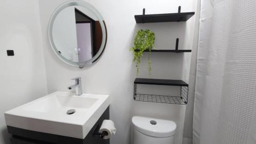 a bathroom with a sink and a mirror and a toilet at La Pastora in Monterrey